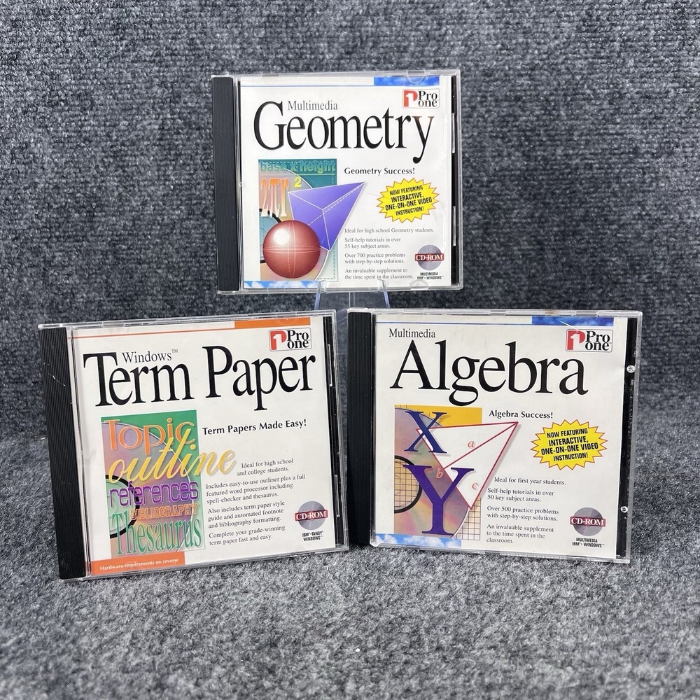 Pro One Multimedia CD-Rom School Lot Of 3 Algebra, Geometry & Term Paper 1995